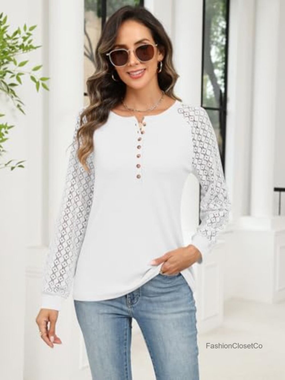Women's Lace Henley Long Sleeve T-Shirt Casual Blouse Top - Picture 2 of 6